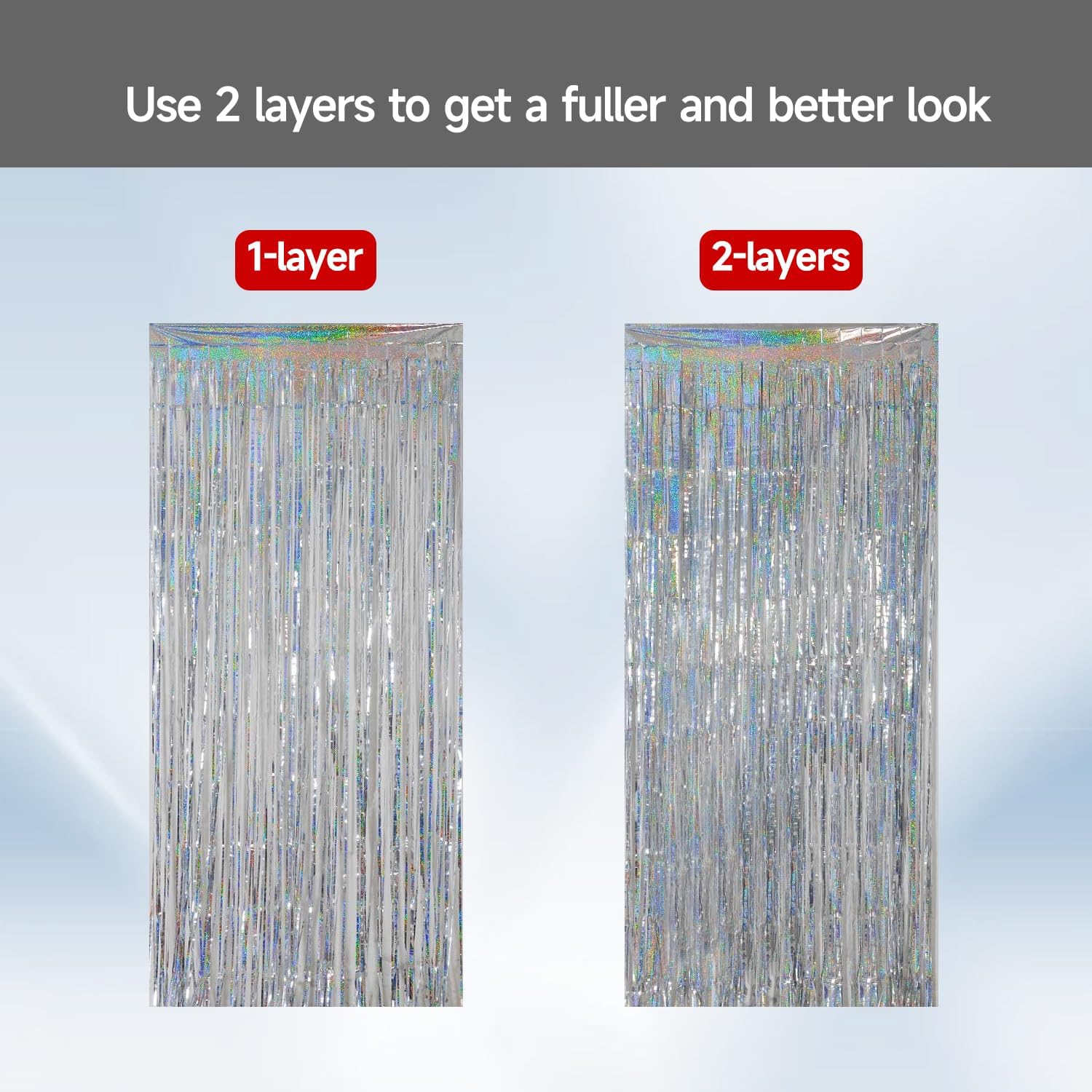 QRabbit Foil Curtain Backdrop - Silver Metallic Tinsel Fringe Curtains | 4 Pack for Parties & Events