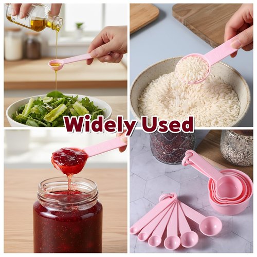 11Pcs Measuring Cups Pink Plastic Measuring Cup and Spoons, 5 Cups & 6 Spoons Set Kitchen Cup and Spoon Essentials Gadgets for Cooking & Baking Color Pink