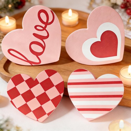 Cherica Valentines Day Decorations Wooden Signs，Heart Shaped Decor for Galentines,Romantic Valentines Day Decortions for Home,Tiered Tray,Shelf,Mantel,Party in 4 Styles