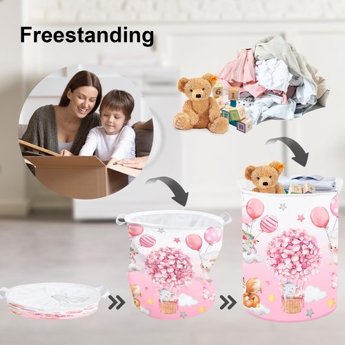 Clastyle 45L Hot Air Balloon Animal Laundry Basket Blooming Flowers Balloon Baby Nursery Basket Elephant Fox Bunny Basket Toy Clothes Pink Storage Basket for Girl Room Decor