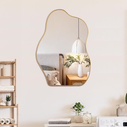 BOMINICA Irregular Wall Mirror Asymmetrical Mirror, Decorative Wall Mirror Golden Wood Framed, Wall Mounted Mirror for Bathroom Living Room Entryway Bedroom Hallway (Gold, 20" x 28")