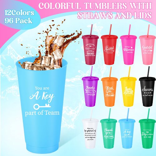 Skylety 96 Pcs Employee Appreciation Gifts Bulk 24 oz Plastic Tumbler with Lid Straw Social Worker Gift Plastic Cup Thank You Gift for Coworker Volunteer Staff Teacher Office Team (Cute Color)