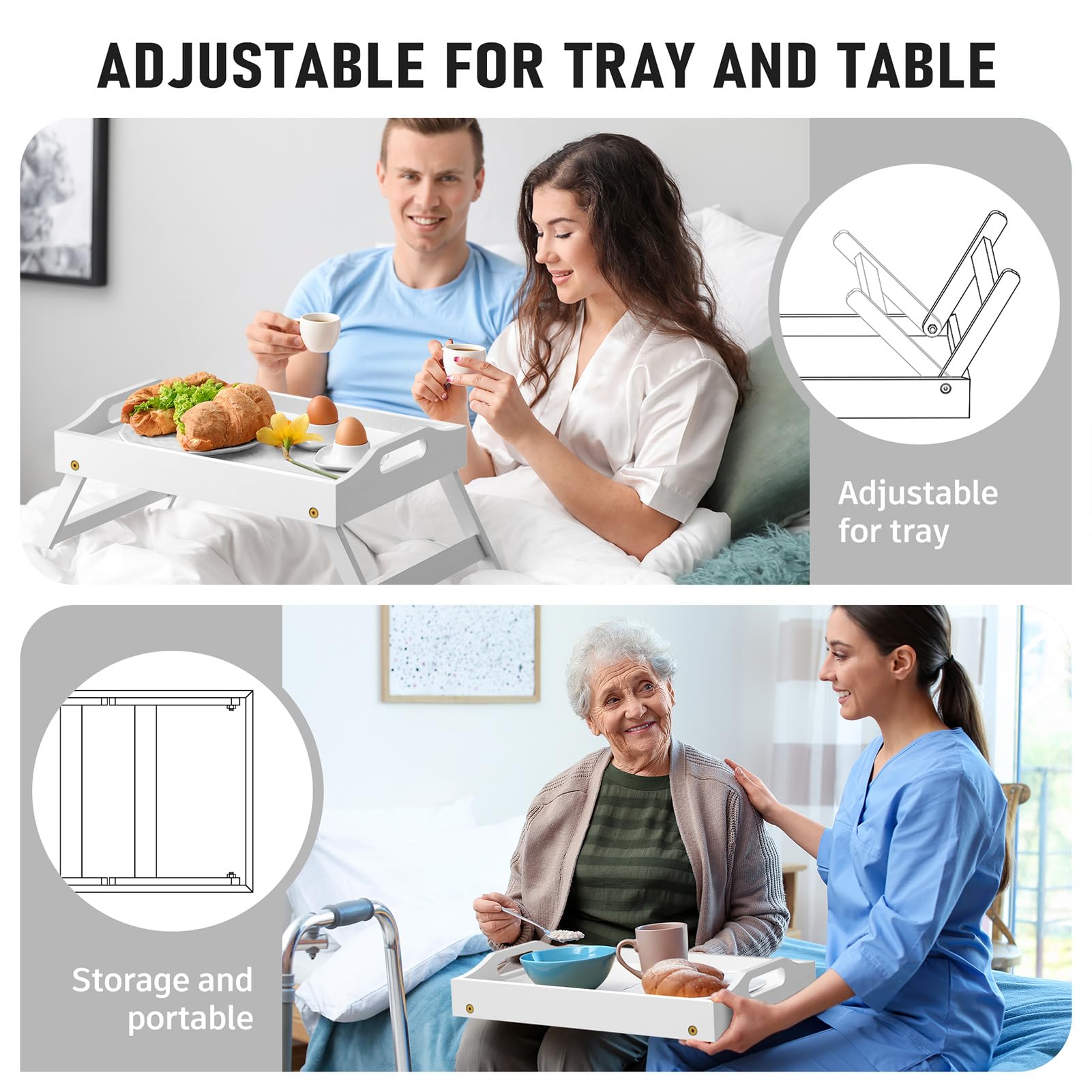 Mayyol Breakfast Bed Tray for Eating - Foldable Food Laptop Table - Portable Bamboo Raised Serving Tray - Snack Platter with Folding Legs, Eating for Bedroom, Picnic, Sofa - Black