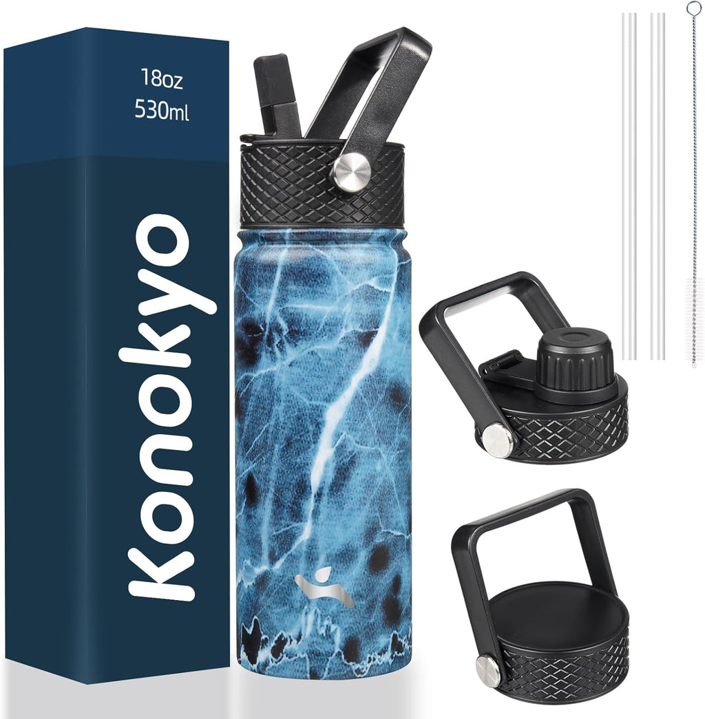 Skiennix 18 Oz Insulated Stainless Steel Water Bottle - Marble Ocean Design with 3 Lids