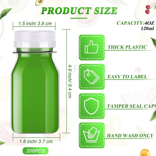 Xinnun 200 Pcs Plastic Juice Bottles with Caps Square Empty Clear Water Bottles Bulk Drinking Beverage Containers Reusable Empty Juicing Refillable PET Flasks with Lids for Drinks Smoothie(4oz,White)