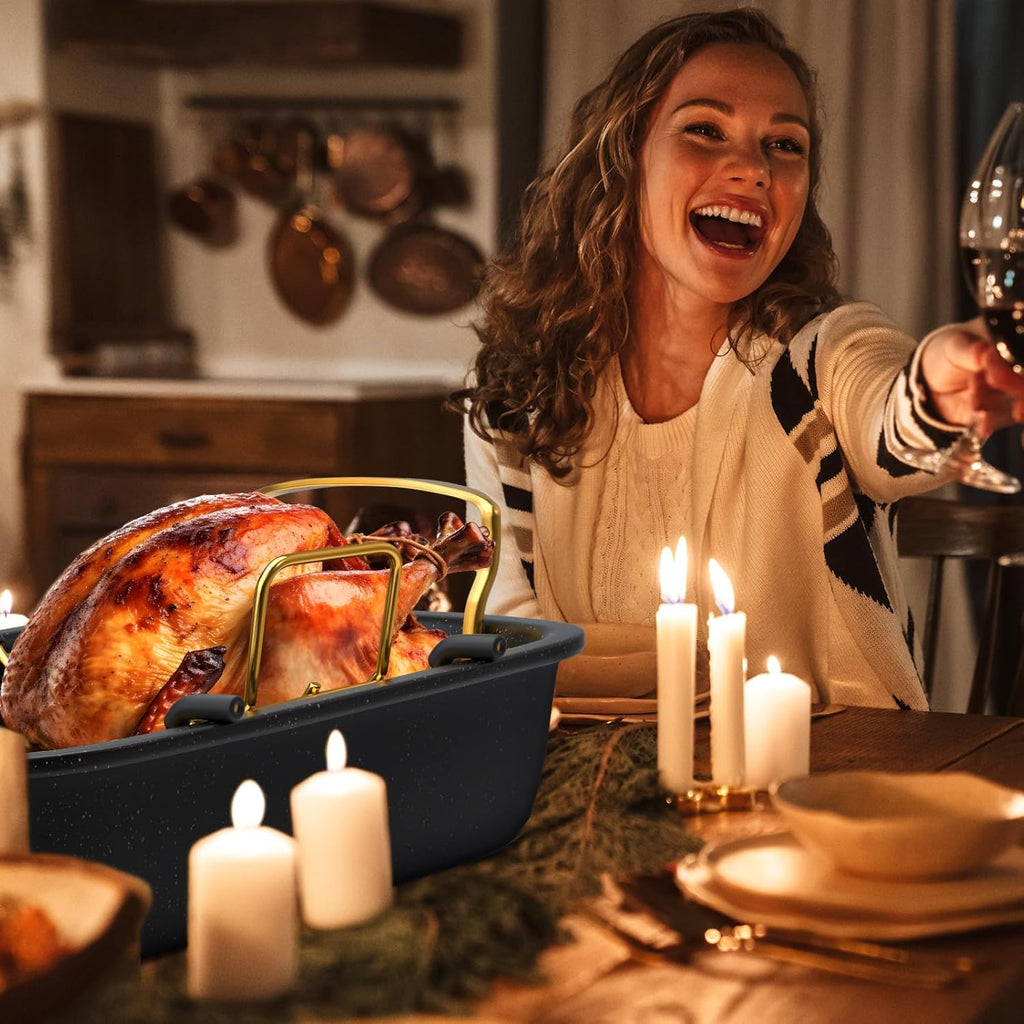 Roasting Pan - 17 Inch x 13 Inch Nonstick Roaster with Removable Rack for Turkey & Vegetables | Gold