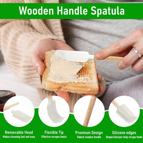 Ptwola 2 Pcs Wooden Handle Spatula Set White Silicone Spatulas Small Scraper Rubber Kitchen Utensil for Chefs Professional Baking Cooking Mixing Jar Bowl Frosting Dishwasher Safe Use