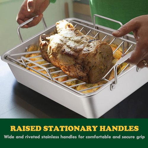 E-far Stainless Steel Roasting Pan - 16 x 11.5 Inch Turkey Roaster with V-Shaped Rack | Heavy Duty & Dishwasher Safe