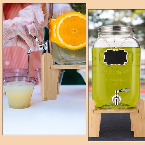 Sliner 2 Pack 2 Gallon Glass Drink Dispenser with Natural Bamboo Stand Glass Beverage Dispenser Water Juice Drink Containers for Parties with Stainless Steel Spigot Hanging Chalkboard