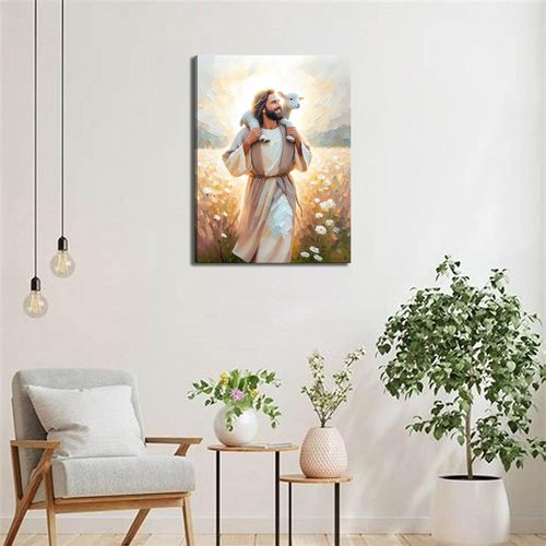 GKQNMU Jesus Carrying The Lamb Canvas Wall Art - Christ The Good Shepherd Decor | Ready To Hang for Living Room & Bedroom