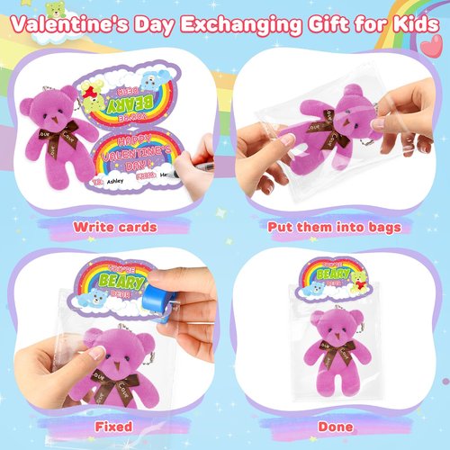 Toidgy Valentines Day Cards for Kids Classroom, 24 Packs Valentines Gifts Bulk with Stuffed Bear Plush Toys Keychain, Valentines Party Favors, Ideal Exchange Gift and School Prizes for Boys Girls