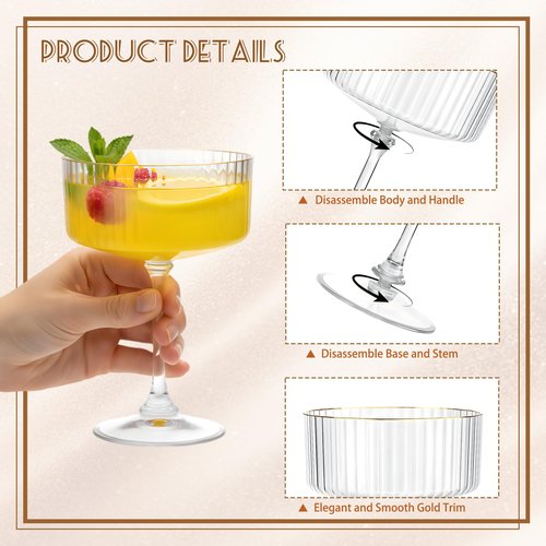 SDBALLBZ Plastic Martini Glasses, Detachable Coupe Glasses, Ribbed Vintage Cocktail Glass with Gold Rim, Unbreakable Reusable BPA-free Stemware for Wedding Anniversary (24pcs, Clear)