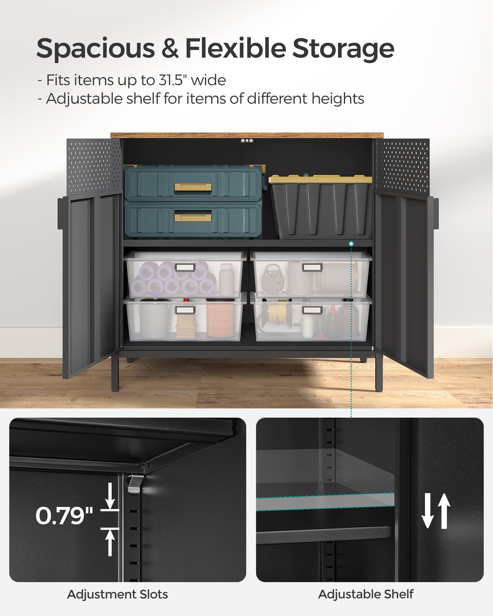 SONGMICS Storage Cabinet, Metal Cabinet, Sideboard with 2 Doors, 15.7 x 31.5 x 29.9 Inches, Magnetic Closure, Adjustable Shelf, Steel Frame, Rustic Brown and Black ULSC102B01