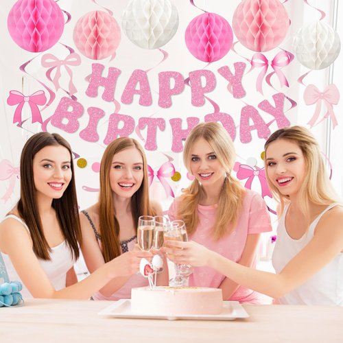 Amandir Pink Birthday Decorations for Girls Women, Glitter Happy Birthday Banner with Honeycomb Balls, Bow Hanging Swirls Streamers, Circle Dots Garland, Coquette Party Decorations