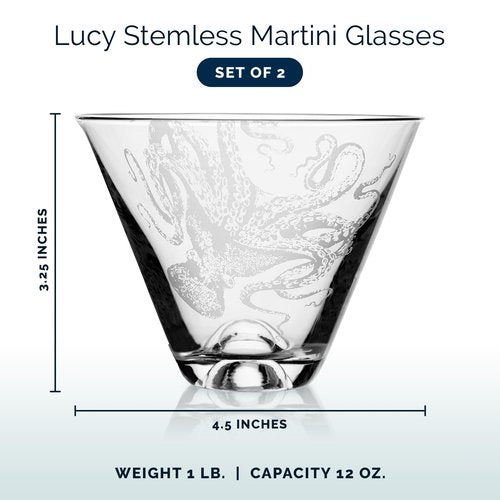 Caskata Lucy Stemless Martini Glasses Set of 2 | Hand-Crafted Lead-Free Crystal Drinking Glasses For Martinis or Cocktails | Unique Party Wine Glass for Wedding or Birthdays | 12 Oz.