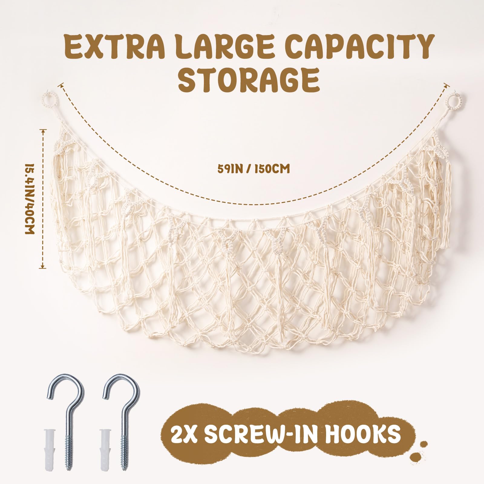 MKO SHUN Large Stuffed Animal Hammock, 59'' L Wall Hanging Net for Stuffed Animal Storage, Boho Macrame Toy Net Hammock for Kids Girls Bedroom Playroom Nursery Decor Plushie Teddy Bear Storage - Cream