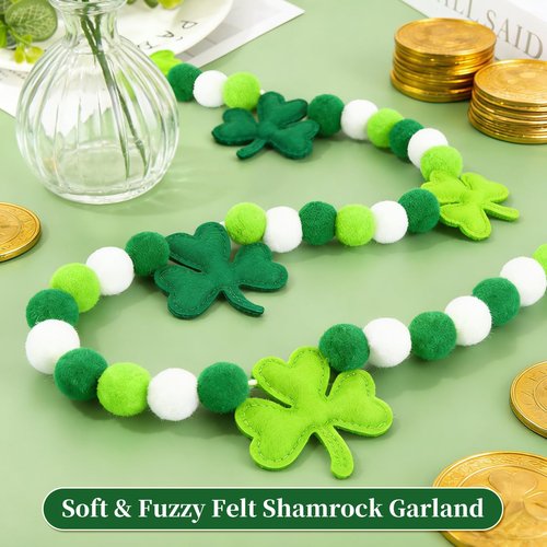 HEAEUNK St Patrick's Day Garland, Pre-Strung Felt Shamrock & Pom Pom Garland Banner, St Patricks Day Decorations for Mantle, Wall & Home