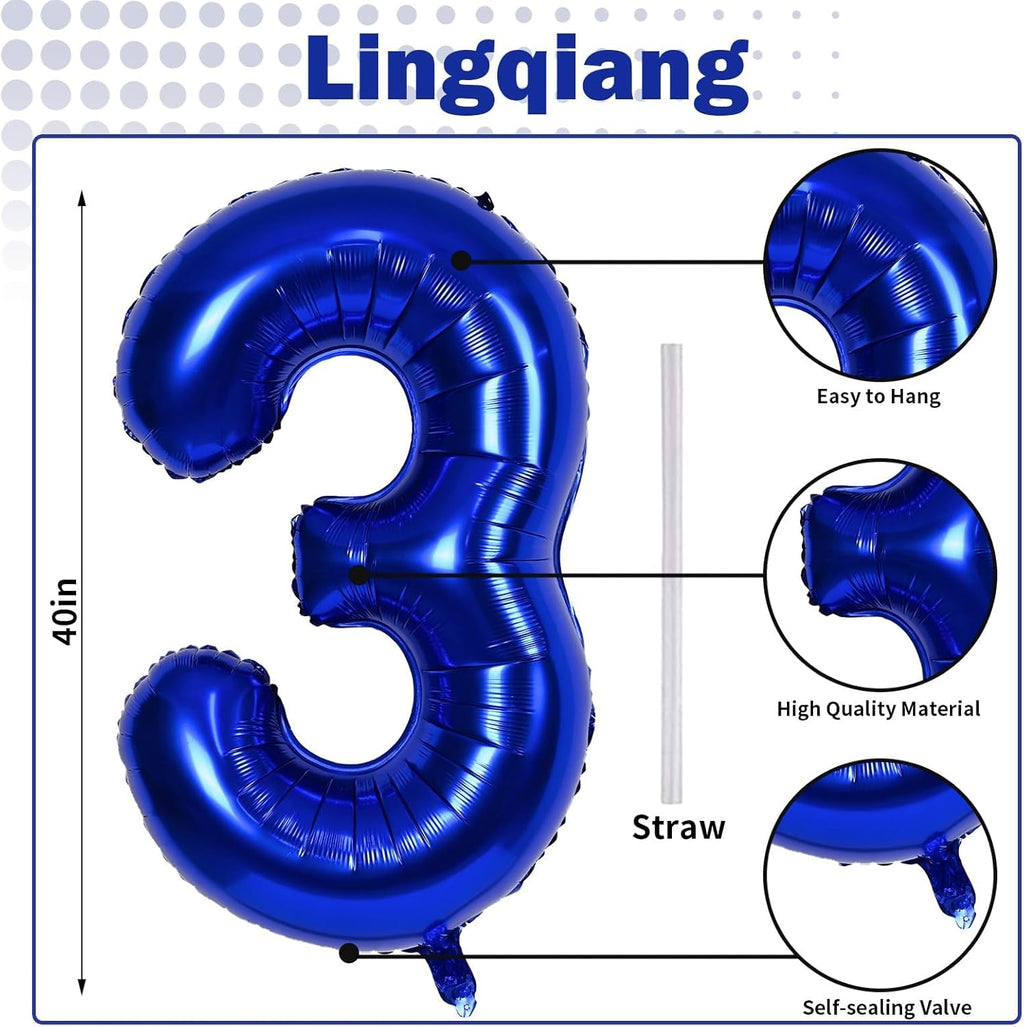Skiennix Navy Blue Number 3 Balloon - 40In Large Foil Balloon for 3rd Birthday Party Decor