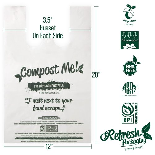 Refresh Packaging - 100% Certified Compostable Shopping Bags - Multipurpose Use - T-Shirt Style Bags - 500 Bags Per Case - Eco Friendly - Reduces Waste - Sustainable - No Pollution - Zero Waste