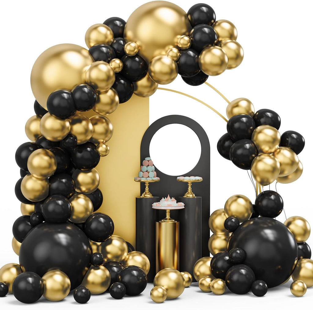 Skiennix Black and Gold Balloon Garland Arch Kit - 134pcs Metallic Balloons for Graduation, New Year & Birthday Celebrations