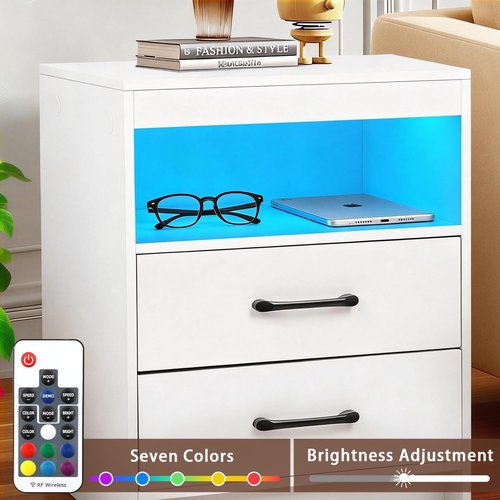 ansefe Night Stand with Charging Station and Ambient Light, LED Nightstand with USB-C Ports and Outlets, Morden Bedside Table with 2 Drawers and Open Compartment, End Table for Bedroom, White