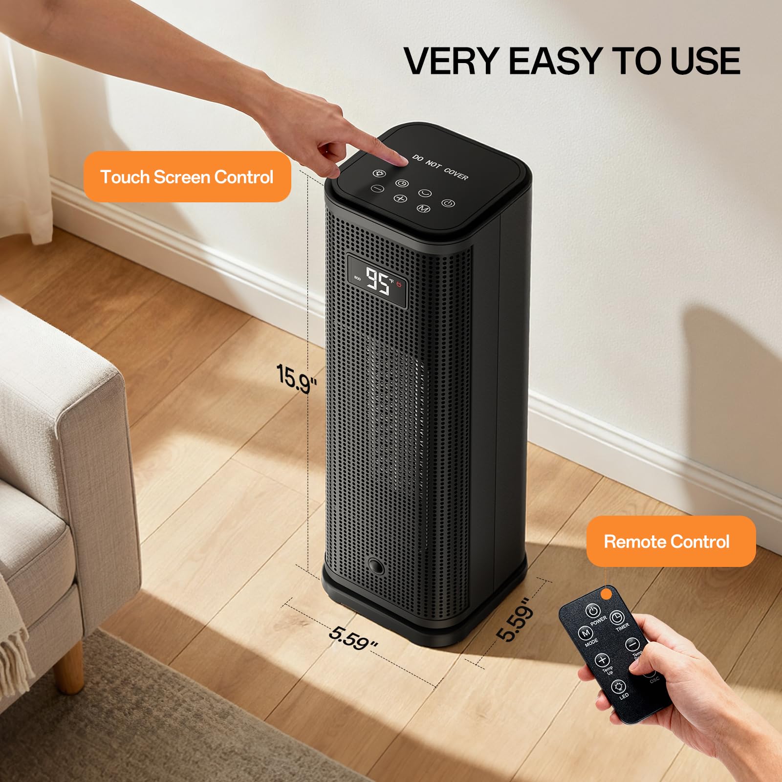 Space Heater, Portable Electric Heaters for Indoor Use with Adjustable Thermostat and Remote, 45° Oscillation, 1-12h Timer, 4 Modes, 1500W PTC Ceramic,Black
