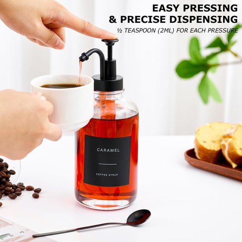 MUVEKA Coffee Syrup Dispenser for Bar, Glass Syrup Bottle with Pump, Coffee Pump Dispenser Bottle, Spoon for Station,16.9 oz, 500 ml