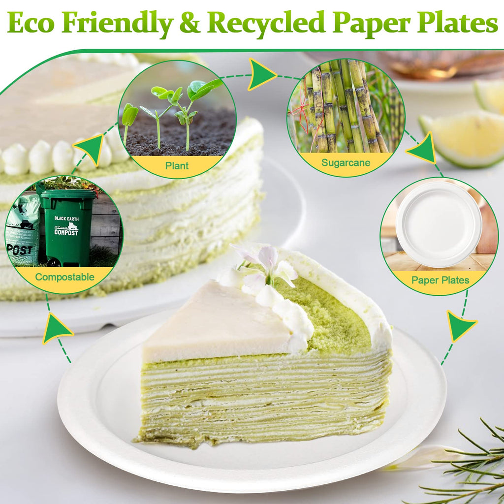 Greconv Paper Plates 6 inch, Small Paper Plates 100 Pack, Disposable Plates in Bulk, 100% Compostable Paper Plates, Sturdy Heavy Duty Plates for Dessert, Cake, Appetizer, White