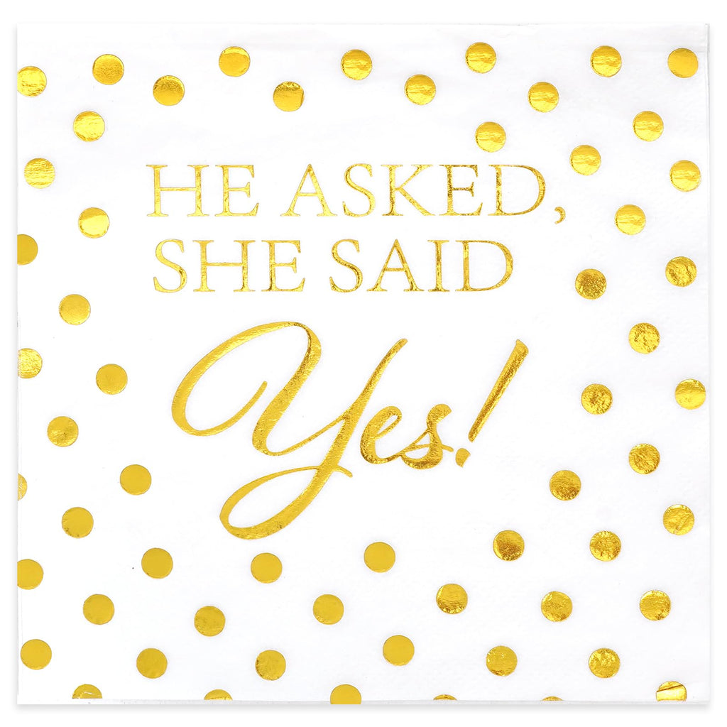 Jovialix She Said Yes Napkins, Engagement Party Napkins, Engaged Napkins – Disposable Cocktail Napkins for Bridal Shower & Bachelorette Decoration – Gold Foil Polka Dots, 6.5 x 6.5 in, 80 Pack
