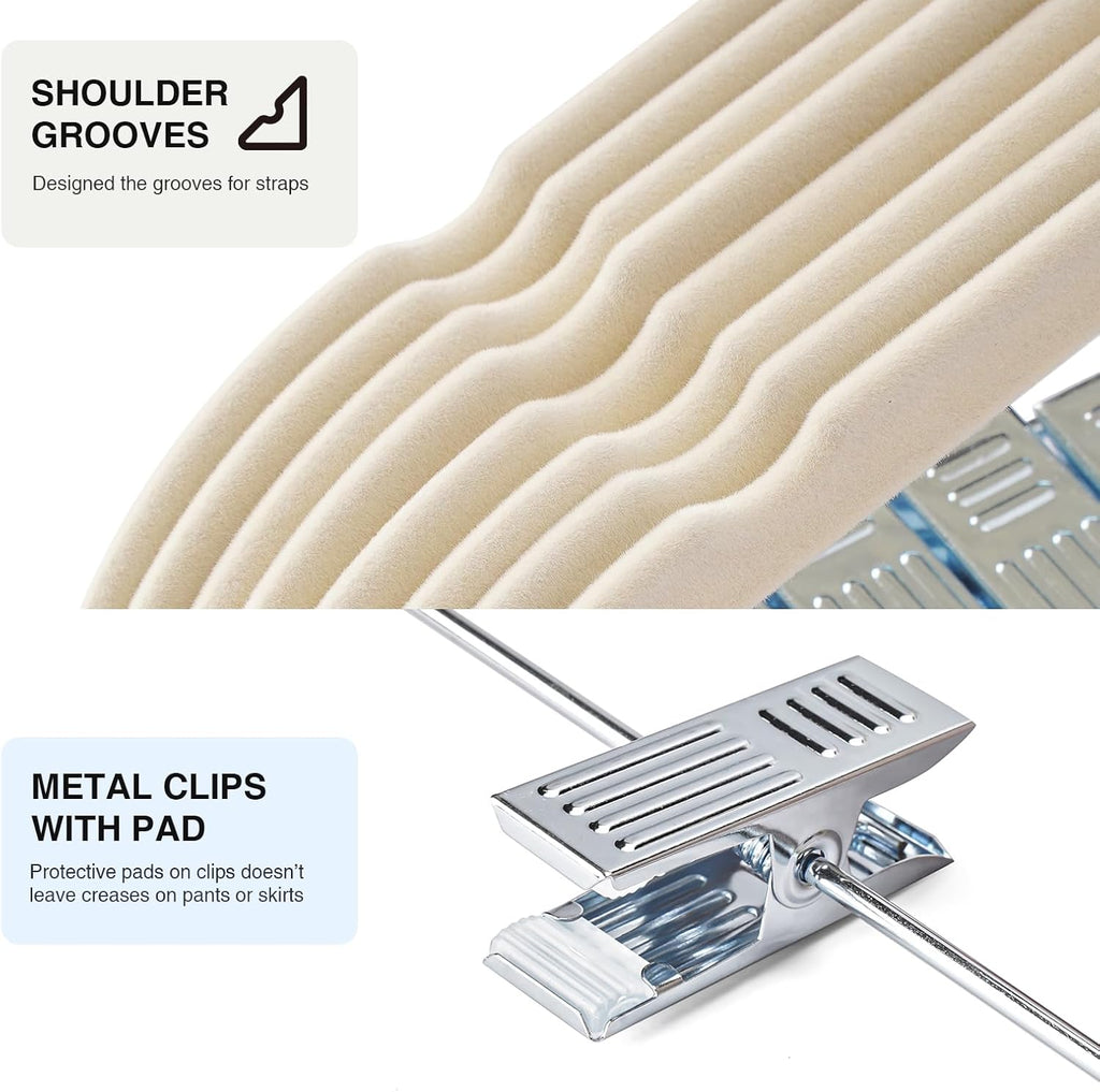 Skiennix 24-Pack Velvet Hangers - Adjustable Non-Slip Clips for Space-Saving Storage | Beige