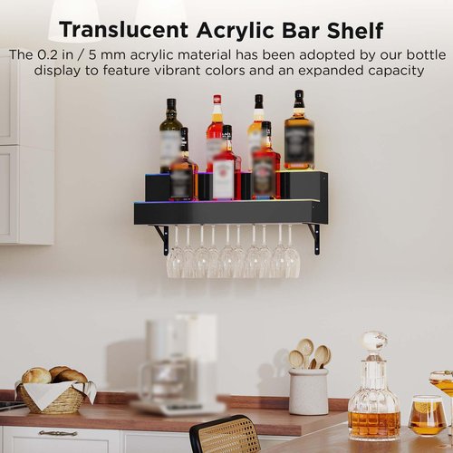 Dethan 2 Tier 24 Inch LED Lighted Liquor Bottle Display Shelf - Wall-Mounted Wine Rack with Multi-Color App & Remote Control, Adjustable Brightness & Sound Modes, Acrylic Bar Shelves for Home Bars