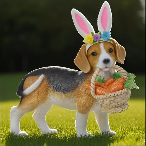 Cynkeyee Dog Garden Statue - Adorable Beagle Puppy with Bunny Ears & Carrot Basket | 11.5x4x10.5 Inch Indoor/Outdoor Decor