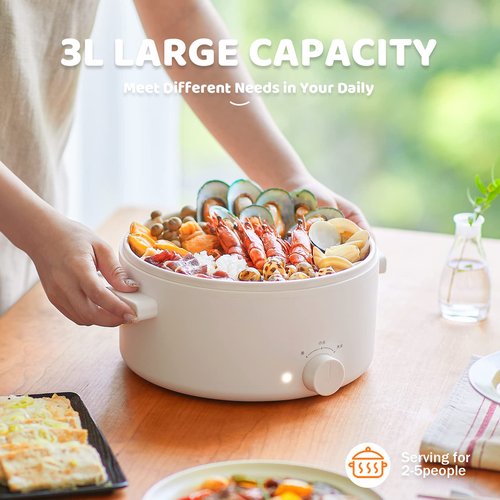 Olayks Hot Pot Electric, 3L Portable Electric Pot with Ceramic Non-stick Coating, Dual Power Multi-functional Romen Cooker for Steak, Pasta, Hot Pot, Ramen, Quick Heating and Overheat Protection