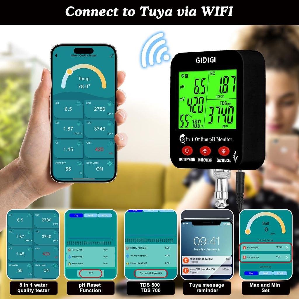 GIDIGI WiFi pH Salt Monitor Smart Water Quality Hydroponic pH EC Meter Digital pH TDS Salt EC Salt ORP Tester with Calibration Solution Kits for Fish Tank Salinity Tester for Saltwater Aquarium