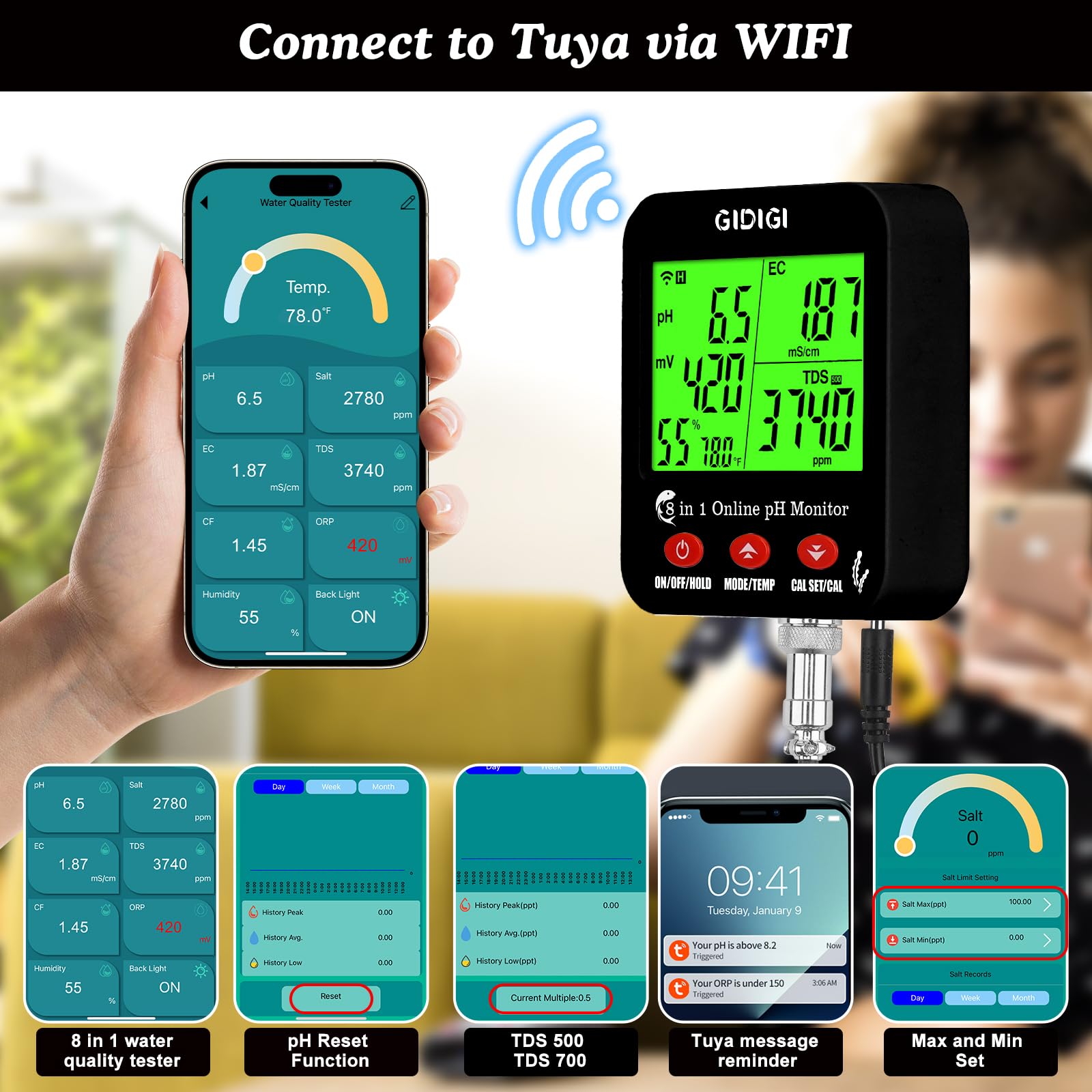GIDIGI WiFi pH Salt Monitor Smart Water Quality Hydroponic pH EC Meter Digital pH TDS Salt EC Salt ORP Tester with Calibration Solution Kits for Fish Tank Salinity Tester for Saltwater Aquarium