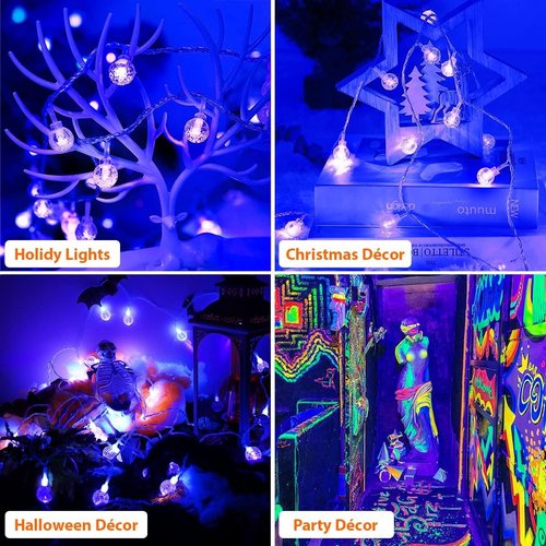 OMIKA 2 Pack Globe Fairy Lights Battery Operated, 15Ft 30LED UV Black String Lights 8 Modes with Remote Waterproof Indoor Outdoor Decorative Christmas Black Lights for Bedroom Glow Party Patio Garden