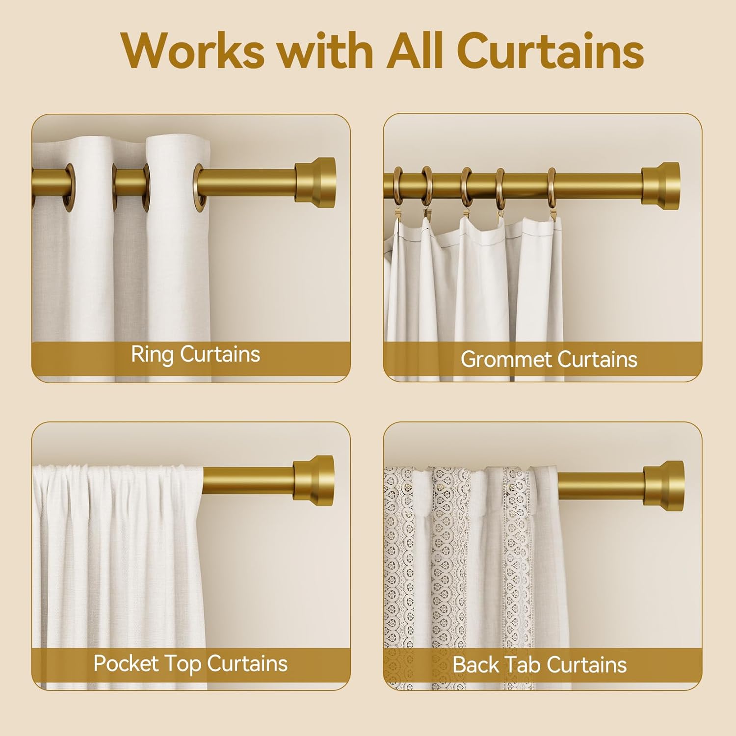 YaFex Curtain Rods - Heavy Duty 1 Inch Adjustable Window Treatment Rods | 32-58 Inch, Modern Gold Design