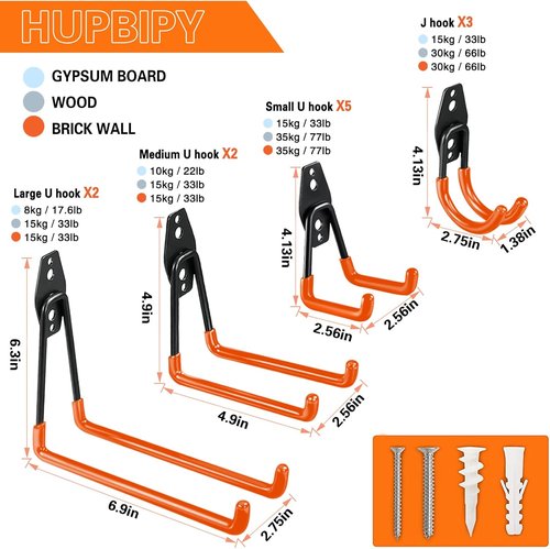 HUPBIPY Heavy Duty Garage Hooks - 12 Pack Steel Wall Mount Storage Organizer for Tools & Bikes