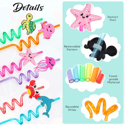 12 Pcs Reusable Ocean Animal Straws, Sea Animal Plastic Straws, Sea Creature Twisted Straw for Summer Under the Sea Party Supplies, Ocean-themed Party Decorations, Ocean Birthday Gifts (Sea Animals)