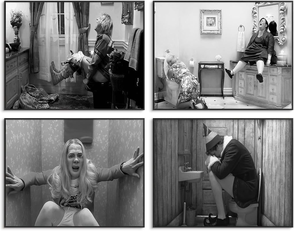 Regine Switzerland Funny Bathroom Wall Art Set of 4 | Vintage Black and White Prints, Unframed 11x14 Inch