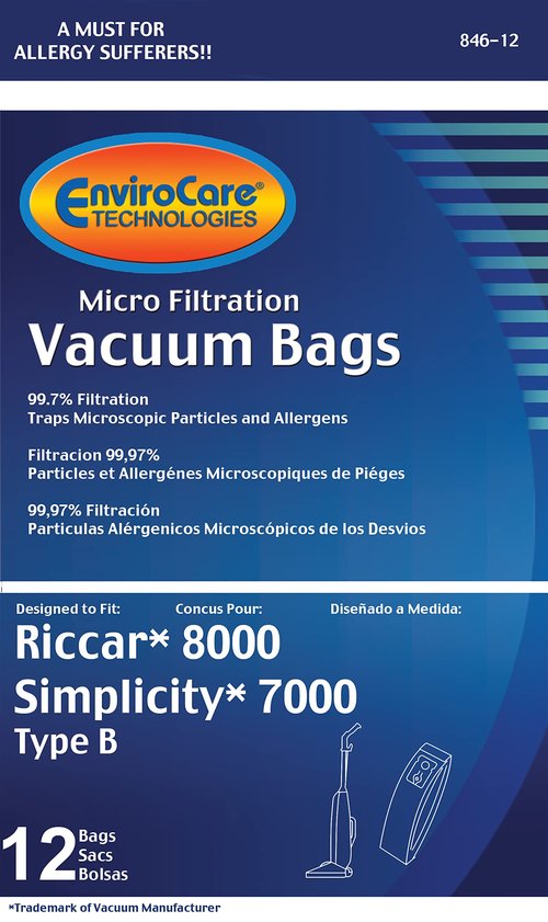 12 Riccar 8000 & Simplicity 7000 Type B Vaccum Bags, Upright, Commercial Vacuum Cleaners, 8000, 7000, 7200, 7250, 7300, 7350, 7700, 7750, 7900, 7950