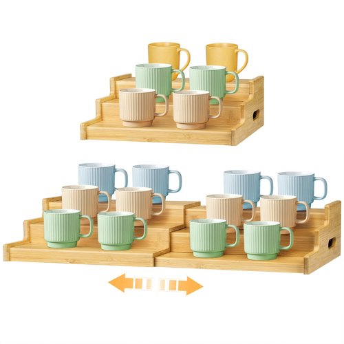 FIMOFIDRE 3-Tier Expandable Bamboo Mug Holder for Countertop Coffee Cup Holder Display Mug Organizer Mug Rack for Coffee Bar Organizer Mug Shelf for Cabinet for Kitchen, Home, No Assembly