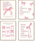 LARTSFRO Coquette Pink Bow Wall Art Decor - Inspirational Bible Verses | Set of 4 Unframed 12x16 Inch Prints for Teen Girls' Rooms