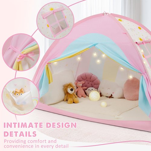 PIIKAGO Twin Bed Tent for Kids, Twin Size Bed Canopy with Star Lights, Privacy Space Blackout Sleeping Tents, Indoor Breathable Portable Bunk Bed Tent for Girls, Rainbow