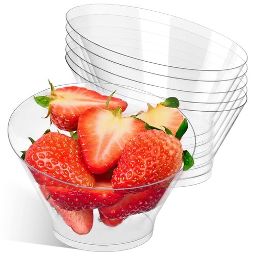 Soelomu 6 oz Plastic Serving Bowls, 20 Pack Small Angled Snack Bowls Clear Party Buffet Appetizer Containers for Desserts, Ice Cream, Salads, Chips, Popcorn