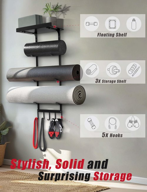 Yoga Mat Holder Wall Mount, Home Gym Storage Rack with Top Floating Shelf, 4-Tiers Holding Yoga Mat/ Blocks/ Rollers and Decorations, 5 Hooks for Resistance Bands, Skipping-Rope, Small Gym Equipment