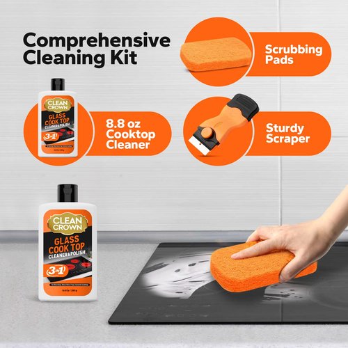 CleanCrown 3-in-1 Cooktop Cleaner Kit (8.8 Oz Cooktop Cleaner + Scrubbing Pad + Scraper), Stovetop Cleaner for Electric Top Stoves, Ceramic Cooktops & Fireplace Glass, Remove Burned on Food, Grease