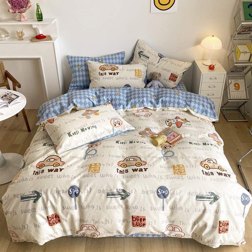 BlueBlue Cars Duvet Cover Set Queen 100% Cotton Bedding for Kids Boys Girls Teens Transportation Car Airplane Truck on Cream White 1 Cartoon Comforter Cover Full Zipper Ties 2 Pillowcases Queen