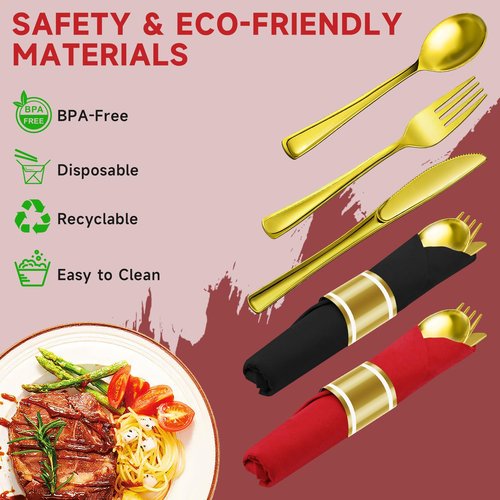 100 Packs Pre-Rolled Black Red Gold Plastic Silverware Sets - Disposable Wrapped Plastic Cutlery Set with 100 Napkins, 100 Knives, 100 Forks and 100 Spoons for Wedding Birthday Party Dinner