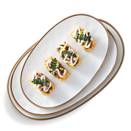 CULIVORA Ceramic Oval Serving Platter with Brown Rim: 15.6/14.3/12.9 Inch Large Serving Dishes for Entertaining Party, Turkey, Steak, Ham, Microwave Dishwasher Safe